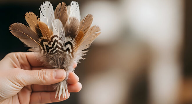 A hand holding a small bunch of brown and black feathers with intricate patterns