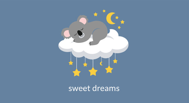 Adorable gray koala sleeps soundly on a white fluffy cloud surrounded by a moon and hanging stars against a blue background.