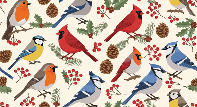 Charming Winter Birds Pattern: Robins, Cardinals, Blue Jays, and Tits with Pinecones and Holly