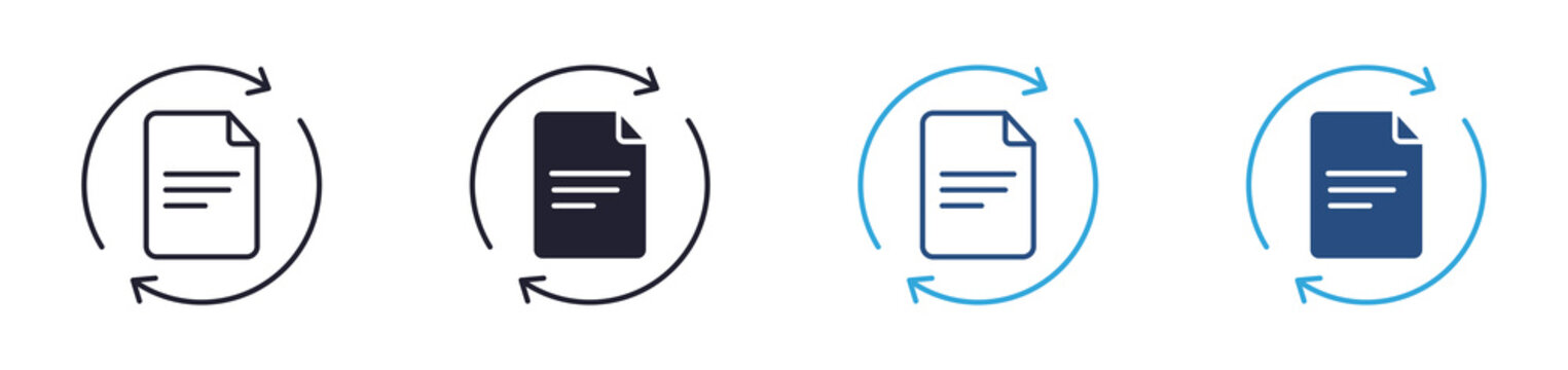 Document refresh icon set. file synchronization and data update concept. outline, glyph, colored line and flat style. vector illustration.