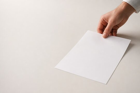 A person's hand holding a blank white sheet of paper against a neutral background.