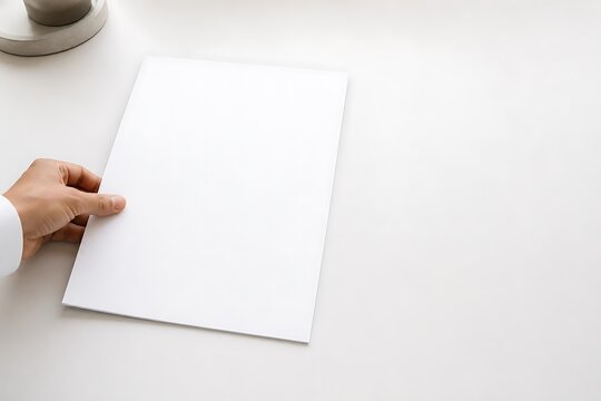 A hand in a white shirt is holding a blank white document on a white desk.