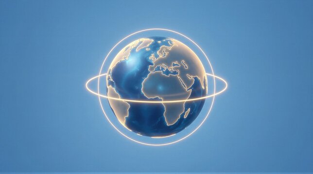 Planet Earth with glowing golden ring representing seventh day of creation. Conceptual representation of divine completion and rest. Religious illustration of biblical world formation.