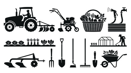 Farming And Gardening Icons: Tractor, Tools, Greenhouse, Harvest Basket © konco