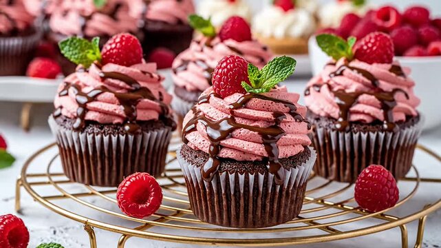Delicious cupcakes with raspberry topping on a golden stand