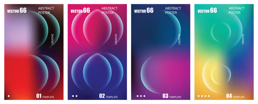 Set of four abstract backgrounds with colorful gradients and glowing circular shapes for modern design projects.