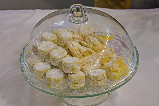 Traditional Serbian Balkan dessert vanilla cakes inside glass bowl