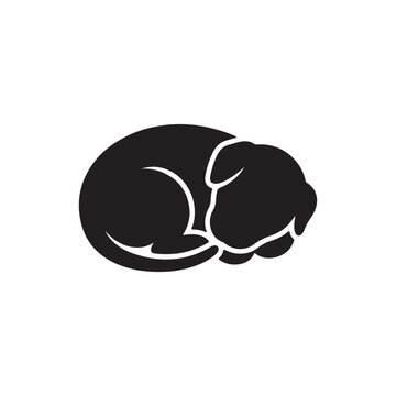 Black silhouette of a small puppy sleeping curled up on a white background asleep des