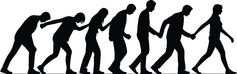 Silhouette sequence of human figures showing evolution of posture from hunched to upright walking stance © Sandra Weiss