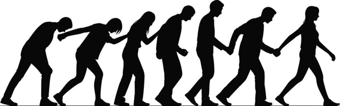 Silhouette sequence of human figures showing evolution of posture from hunched to upright walking stance