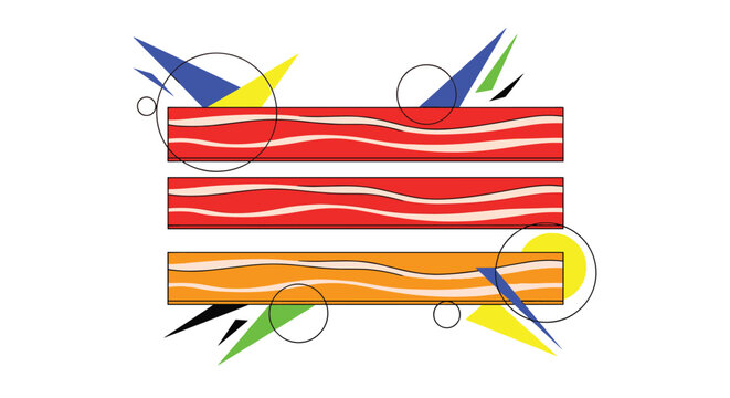 Stylized abstract representation of three bacon strips layered horizontally with colorful geometric triangles and circles on white background.