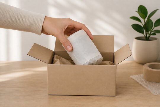 A hand carefully places a wrapped item into an open cardboard box filled with protective packing material.