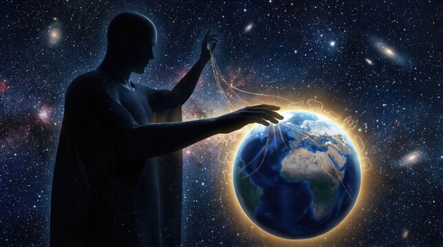 Man silhouetted against stars shaping the earth with light. Concept of divine creation and the beginning of the world. Biblical scene from Genesis representing life and global design.