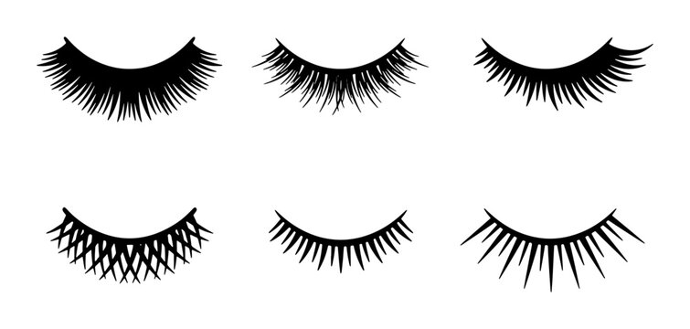 Set of 6 Black False Eyelashes, Vector Icons for Beauty and Makeup Applications, Diverse Styles for Enhanced Eye Aesthetics