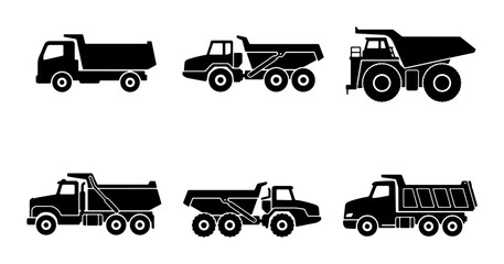 Dump Truck Icons Set, Heavy Construction Vehicle Silhouettes, Industrial Hauling Truck Vector Graphics, Transportation and Logistics Symbols © Arpita