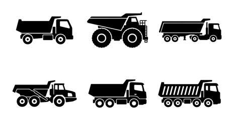 Set of 6 Black Silhouette Dump Truck Icons, Heavy Equipment Vector Graphics for Construction and Mining Industry Use © Arpita