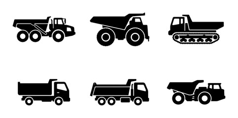Heavy Duty Dump Truck Icons, Construction Vehicle Silhouettes, Industrial Transport Set, Mining Hauler Graphics © Arpita