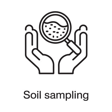 Magnifying glass examining soil in hands line icon