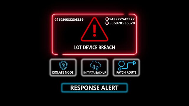 Lot device preach warning notification with isolate node initiate backup and career promotion icons on black background digital technology concept. 4k video