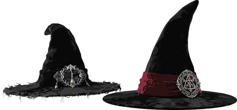 Halloween Witch Hat Illustration Set with Gothic Magic Accessories and Spooky Fantasy Costume Designs