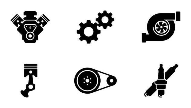 Automotive Engine Parts Icons Set: V8 Engine, Gears, Turbocharger, Piston, Timing Belt, Spark Plugs - Mechanical Components Vector Graphics for Auto Industry and Repair