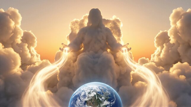 God sitting on cloud creating earth from light. Biblical scene from book of Genesis showing divine power and blessing. Spiritual concept of creation of world and universe. Religious art.