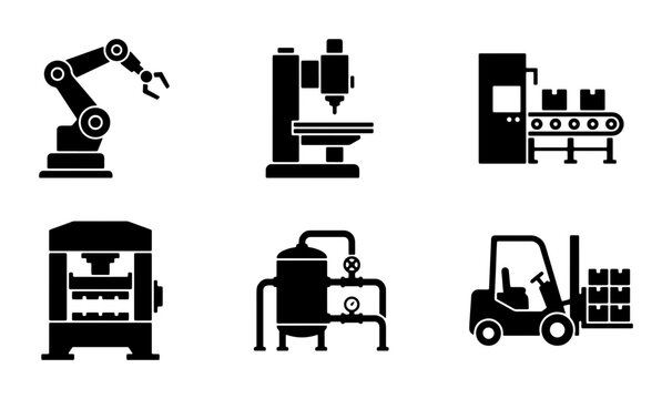 Industrial Machine Icons: Robotic Arm, CNC Mill, Conveyor Belt, Press Machine, Tank System, Forklift Truck, Manufacturing Equipment Set