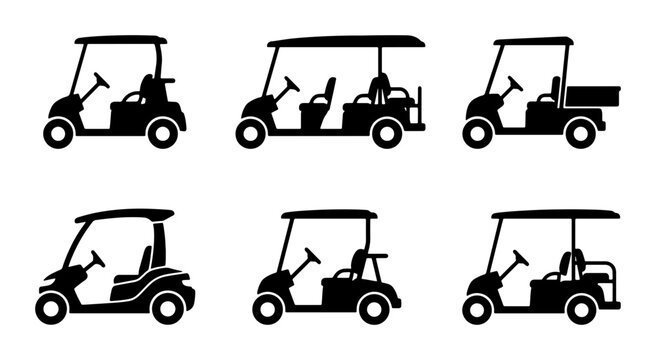 Golf Cart Icons Set, Golf Vehicle Collection, Electric Buggy Vector Graphics, Transportation Symbols for Courses and Resorts