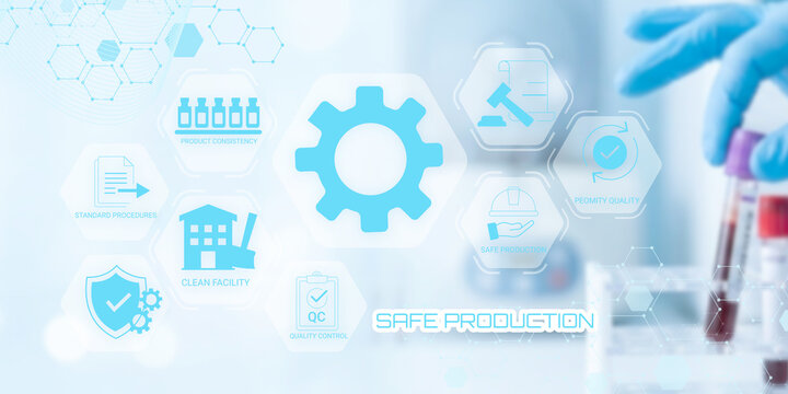 Modern digital illustration emphasizing safe pharmaceutical production with quality control and clean facility standards
