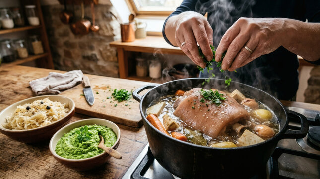 Eisbein Pork Knuckle Simmering with Root Vegetables in Rustic Kitchen Setting