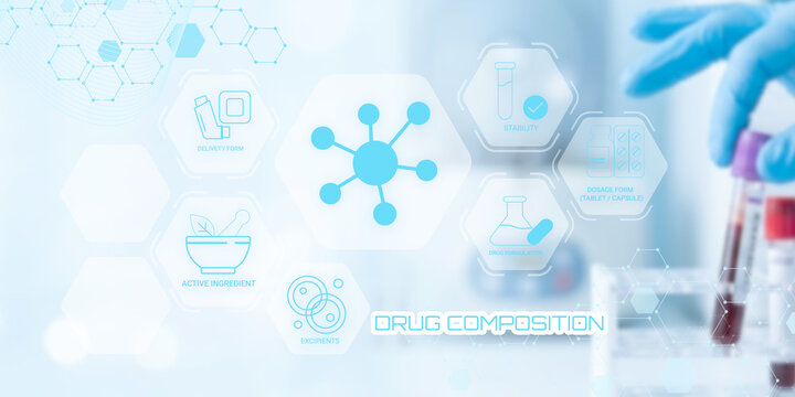 Modern digital illustration showcasing drug composition elements with molecular and pharmaceutical icons