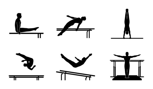 Gymnastics Silhouettes Set: Dynamic Athletes Performing on Parallel Bars, Vault, and Floor Exercises, Vector Art for Sports and Fitness Concepts