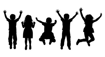 Fototapeta premium Children jumping silhouette set with arms raised and happy expressions featuring kids, joy, fun with play and excitement elements for group, black