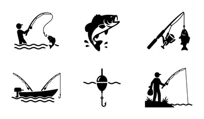 Fishing Icons Set, Angler Silhouette, Catching Fish, Fishing Rods, Boat, Bobber, Outdoor Hobby Graphics, Vector Illustrations © Omar