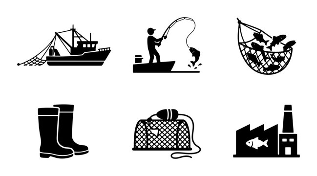 Fishing Industry Icons Set: Commercial Boat, Angler, Catch Net, Boots, Trap, Factory, Vector Graphics for Seafood Business