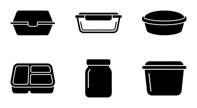 Food Storage Containers Vector Icons Set, Kitchenware Packaging Solutions, Meal Prep Boxes, Glass Jar, Takeaway Packaging Graphics