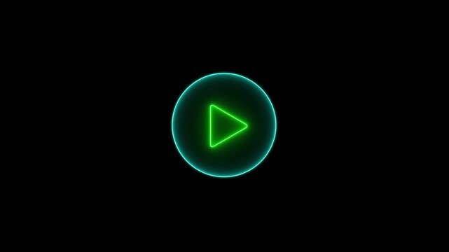 Colorful play button on black background. Start button. Neon glowing play button. Neon glowing play button with neon circle.