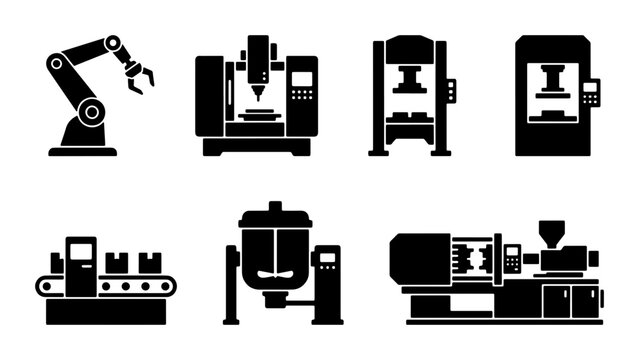 Industrial Machinery Icons Set: Robotic Arm, CNC Machine, Press, Conveyor Belt, Mixer, Injection Molding Machine, Manufacturing Equipment