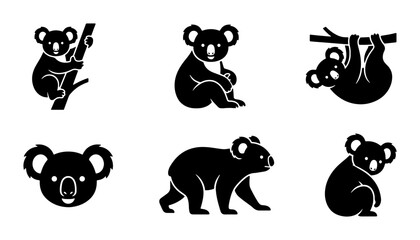 Vector Icons Set: Adorable Koala Poses, Australian Wildlife Silhouettes, Cute Marsupial Graphics, Simple Black and White Illustrations for Nature and Animal Themes © Sharmin