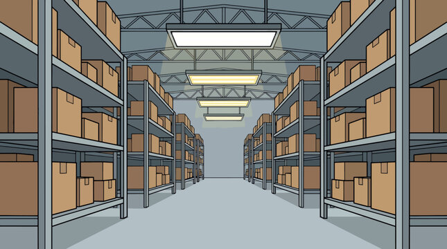 Perspective View of a Long Wide Aisle with Modern Architectural Design in a Bright Spacious Interior Environment, featuring Polished Flooring and Symmetrical Shelving Units.
