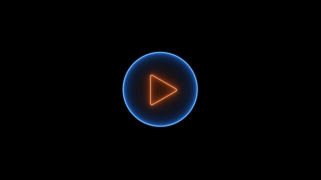 Colorful play button on black background. Start button. Neon glowing play button. Neon glowing play button with neon circle.