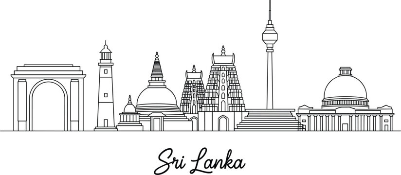 Sri Lanka skyline landmark outline sketch featuring famous monuments temples and towers for travel tourism and cultural heritage design projects,
