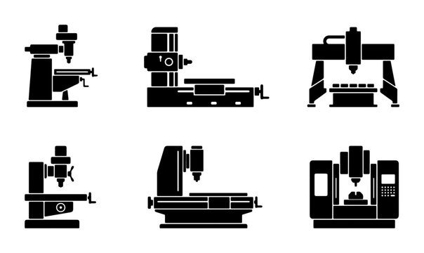 Industrial Milling Machine Icons, CNC Lathe Vector Set, Precision Engineering Equipment Graphics, Manufacturing Technology Symbols