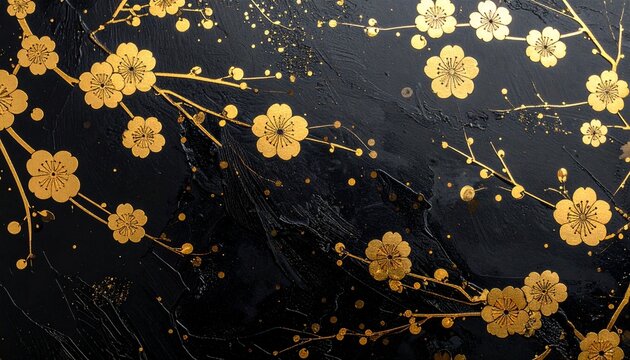 黒漆に金の蒔絵梅文様の高級テクスチャ 日本の伝統工芸背景素材
Black lacquer maki-e texture with gold plum blossom pattern Japanese luxury background