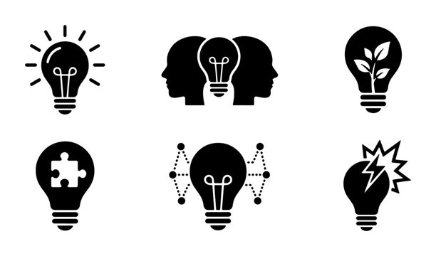 Illumination Icons Set: Lightbulb Concepts, Brainstorming, Innovation, Problem Solving, Creative Ideas, Teamwork, 6 Vector Graphics