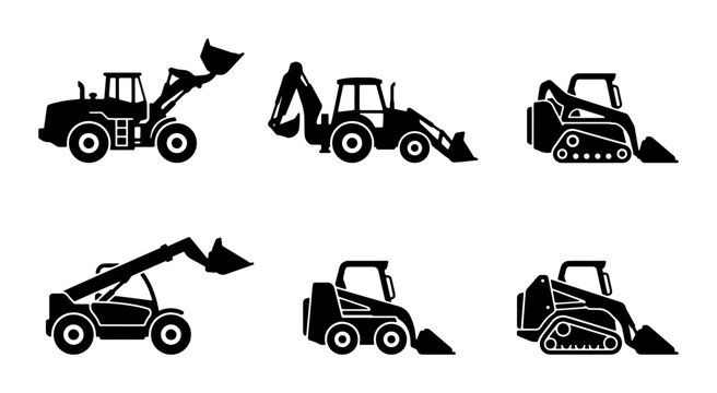 Construction Vehicle Icons: Front Loader, Backhoe, Skid Steer, Telehandler Set, Heavy Equipment Vector Graphics for Industry and Building Projects