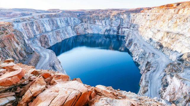 Open pit mine quarry creating a deep blue lake, showcasing layers of rock formation and human activity transforming environment