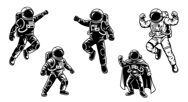 Astronauts floating in space with different poses and expressions featuring astronaut, zero gravity, illustration with black and white and vector