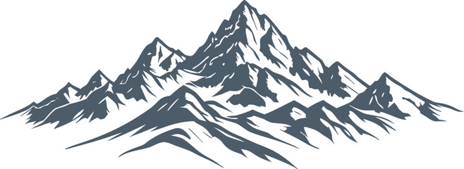 Majestic mountain range illustration with rugged snowy peaks in vintage hand drawn style. Adventure landscape graphic for hiking, camping, travel, outdoor branding, and nature themed designs.  © Khadiza