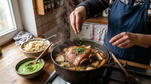 Eisbein Simmering Cast Iron Pot Rustic Brandenburg Kitchen Tradition
